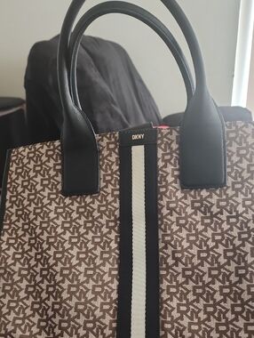 DKNY Brown Monogram Tote with Black Trim & Center Stripe